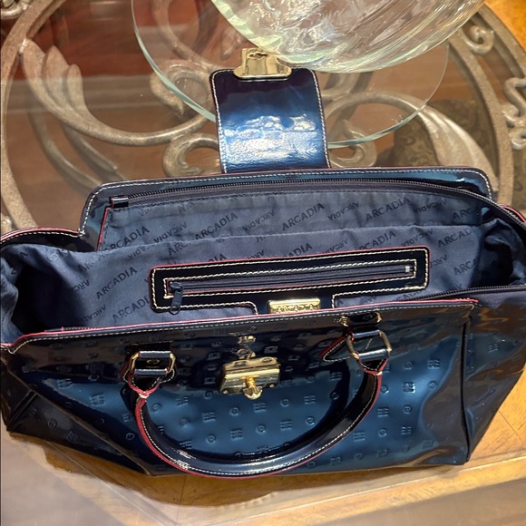 ARCADIA Patent Leather Satchel- BLUEw/ Red Trim - Picture 11 of 13